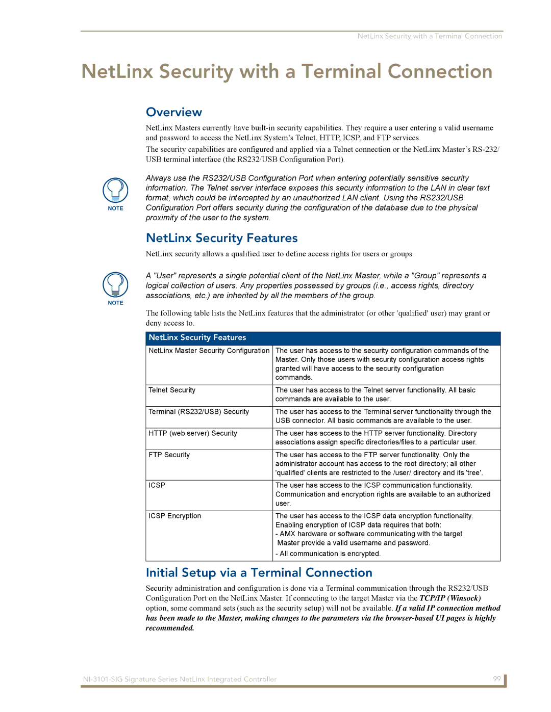 AMX NI-3101-SIG manual NetLinx Security Features, Initial Setup via a Terminal Connection 