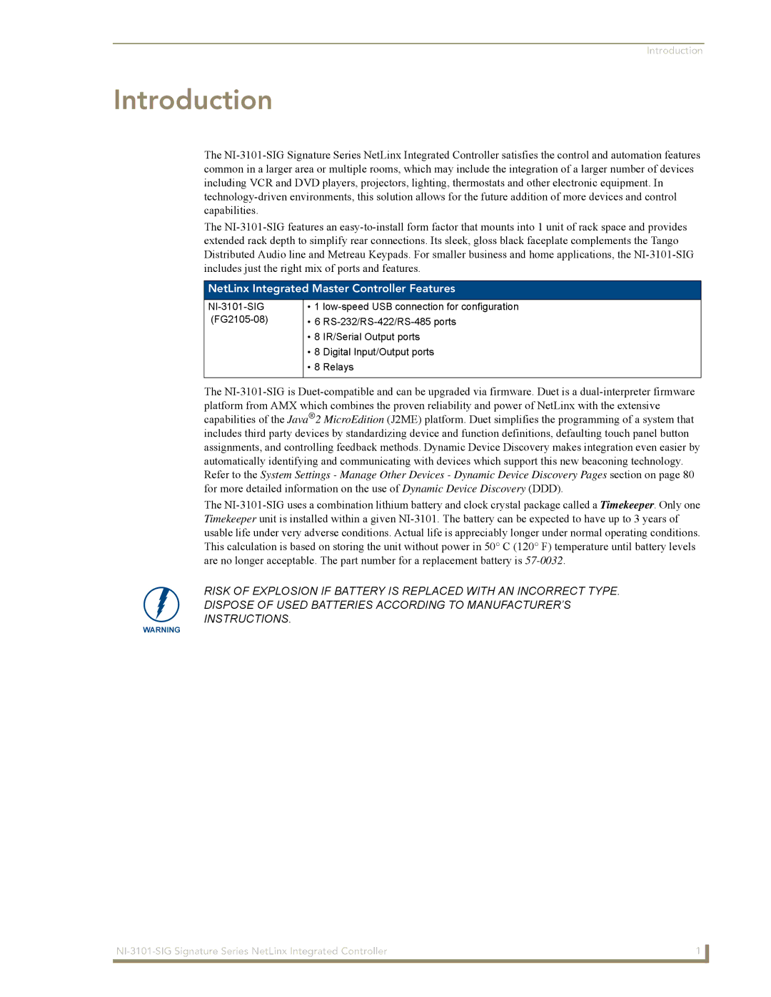 AMX NI-3101-SIG manual Introduction, NetLinx Integrated Master Controller Features 