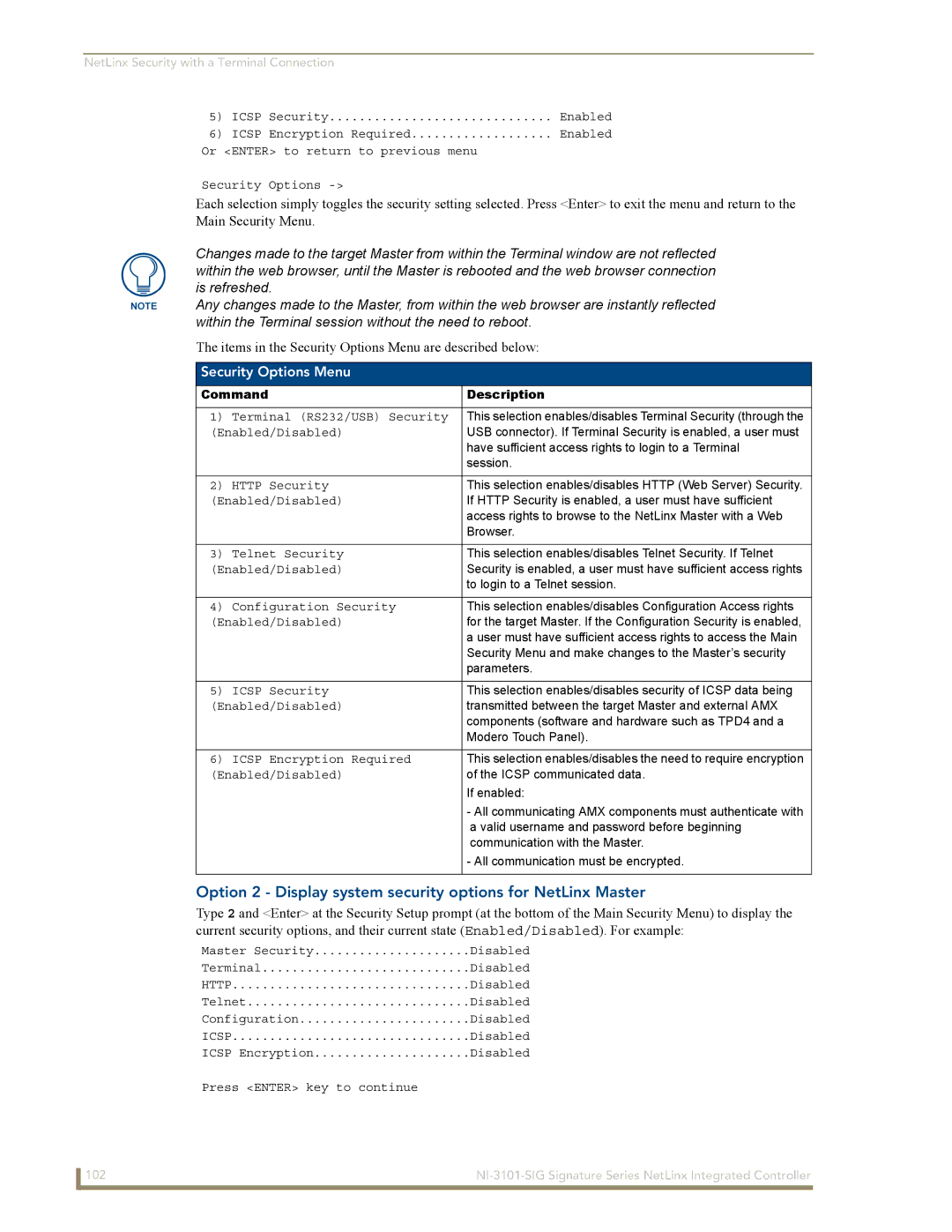 AMX NI-3101-SIG Option 2 Display system security options for NetLinx Master, Security Options Menu, Command Description 