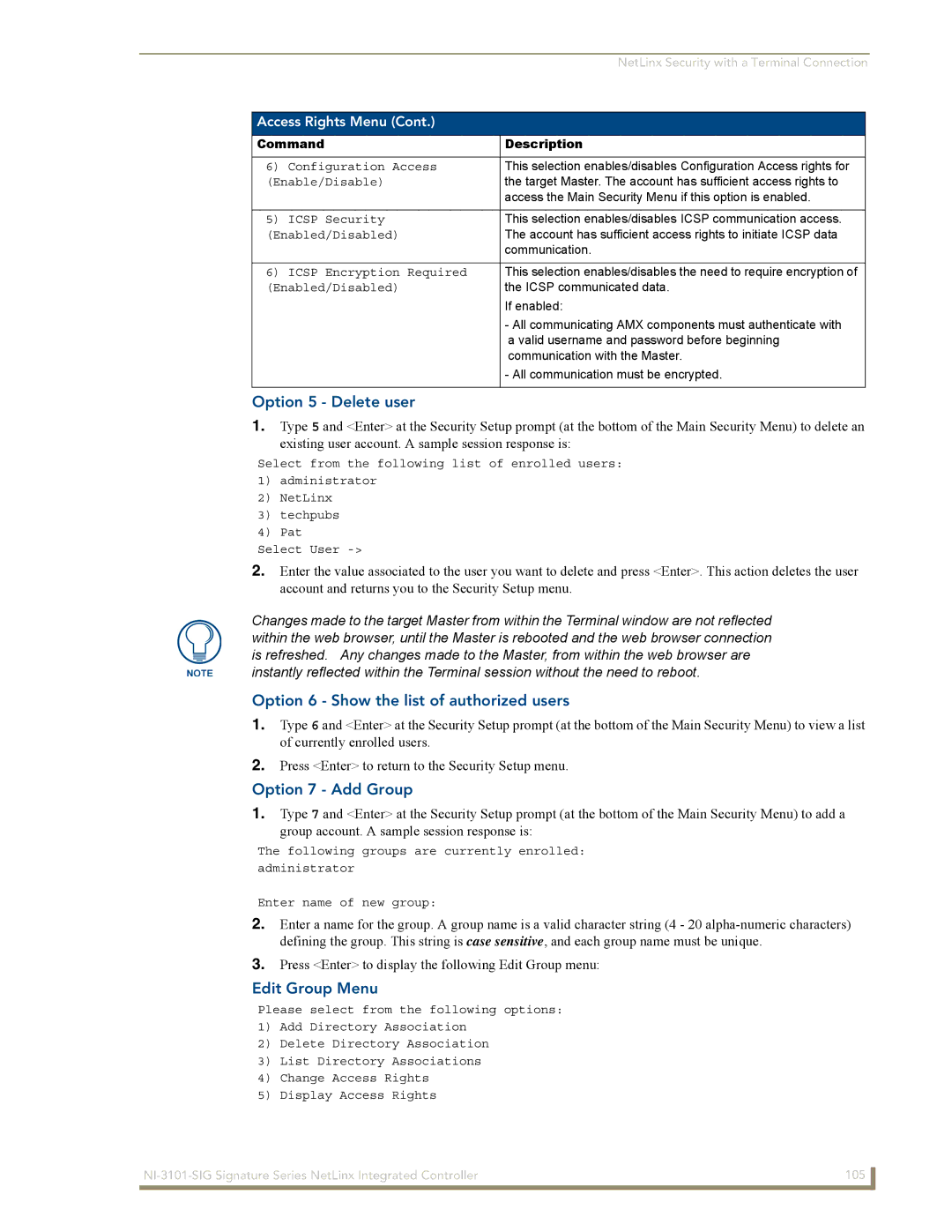 AMX NI-3101-SIG Option 5 Delete user, Option 6 Show the list of authorized users, Option 7 Add Group, Edit Group Menu 