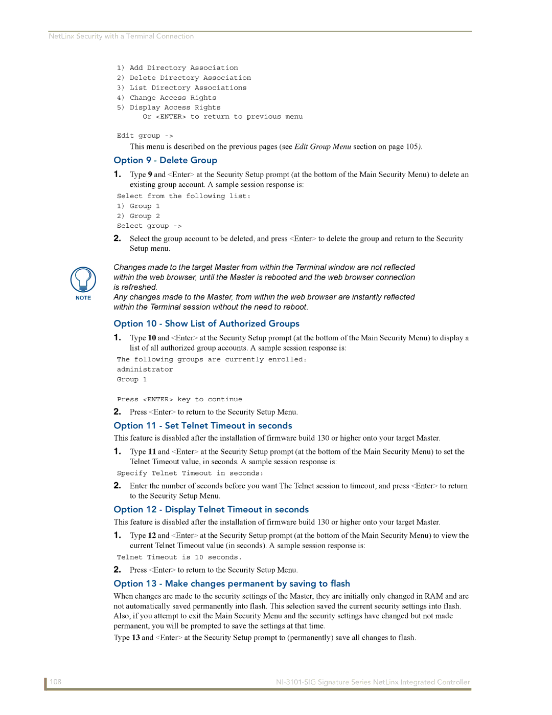 AMX NI-3101-SIG Option 9 Delete Group, Option 10 Show List of Authorized Groups, Option 11 Set Telnet Timeout in seconds 
