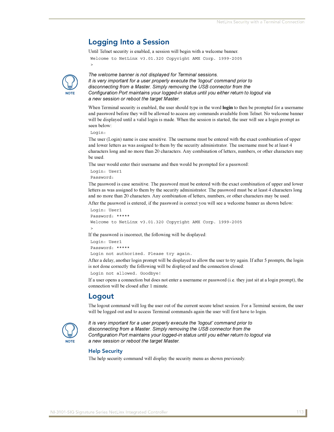 AMX NI-3101-SIG manual Logging Into a Session, Logout, Help Security 