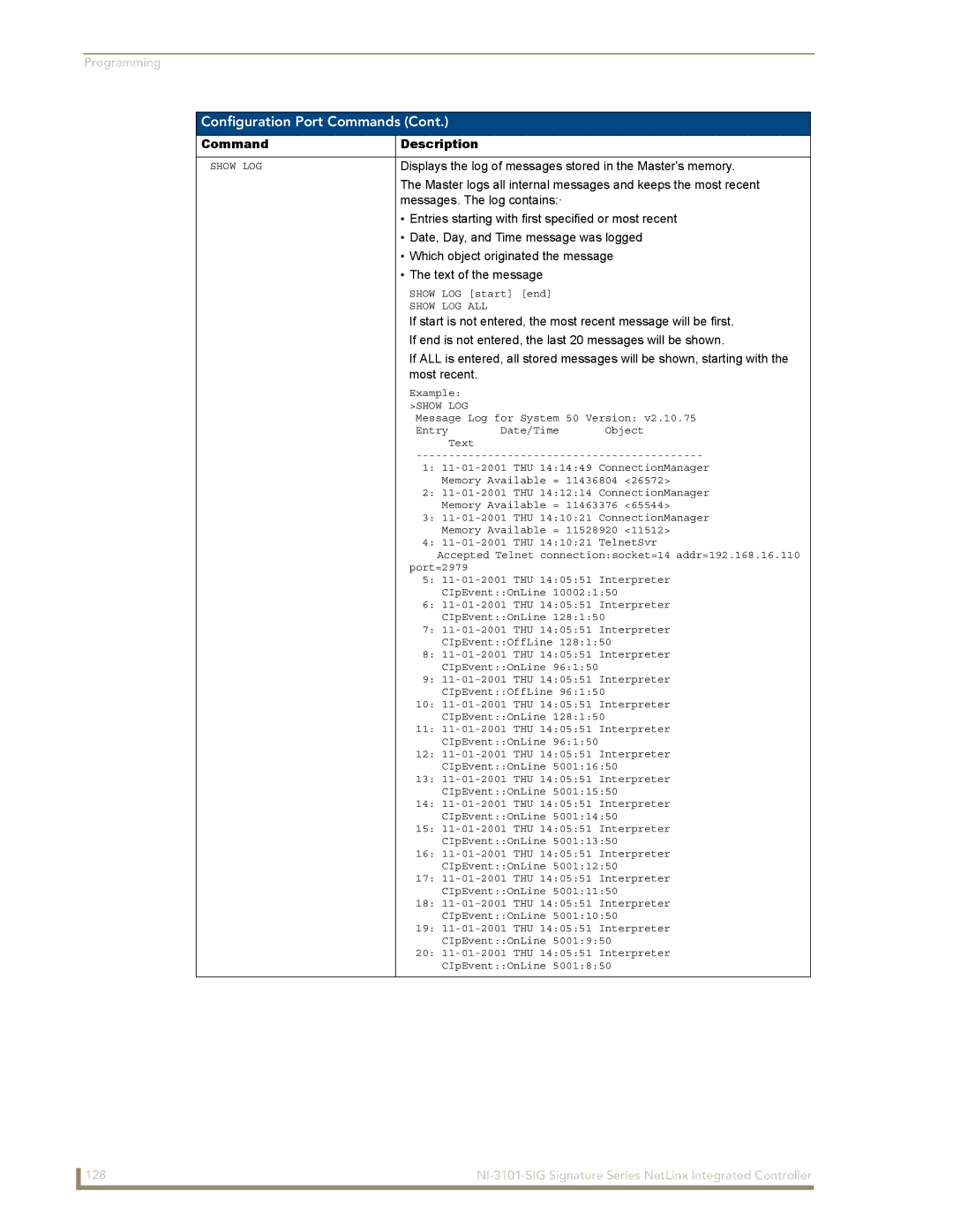 AMX NI-3101-SIG manual Displays the log of messages stored in the Masters memory, Most recent 