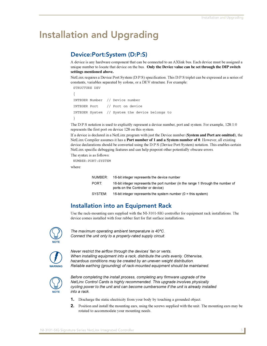 AMX NI-3101-SIG manual DevicePortSystem DPS, Installation into an Equipment Rack, Number 