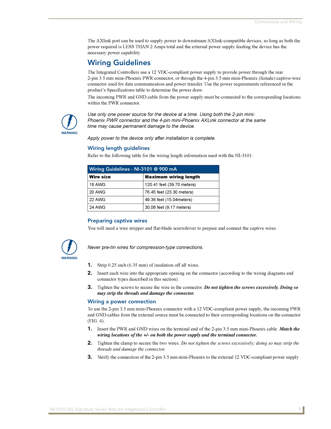 AMX NI-3101-SIG manual Wiring Guidelines, Wiring length guidelines, Preparing captive wires, Wiring a power connection 