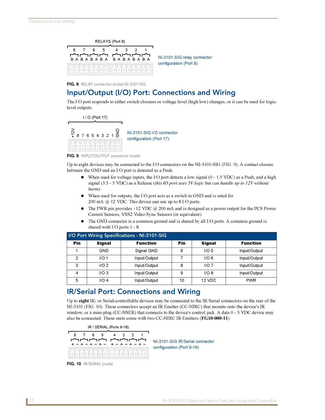 AMX NI-3101-SIG Input/Output I/O Port Connections and Wiring, IR/Serial Port Connections and Wiring, Function Pin, Pwr 