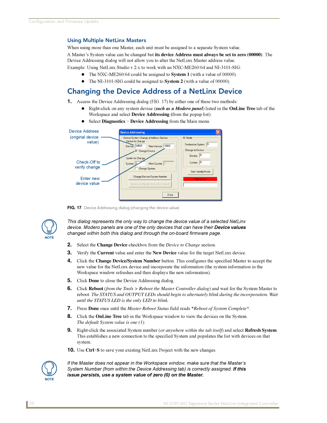 AMX NI-3101-SIG manual Changing the Device Address of a NetLinx Device, Using Multiple NetLinx Masters 