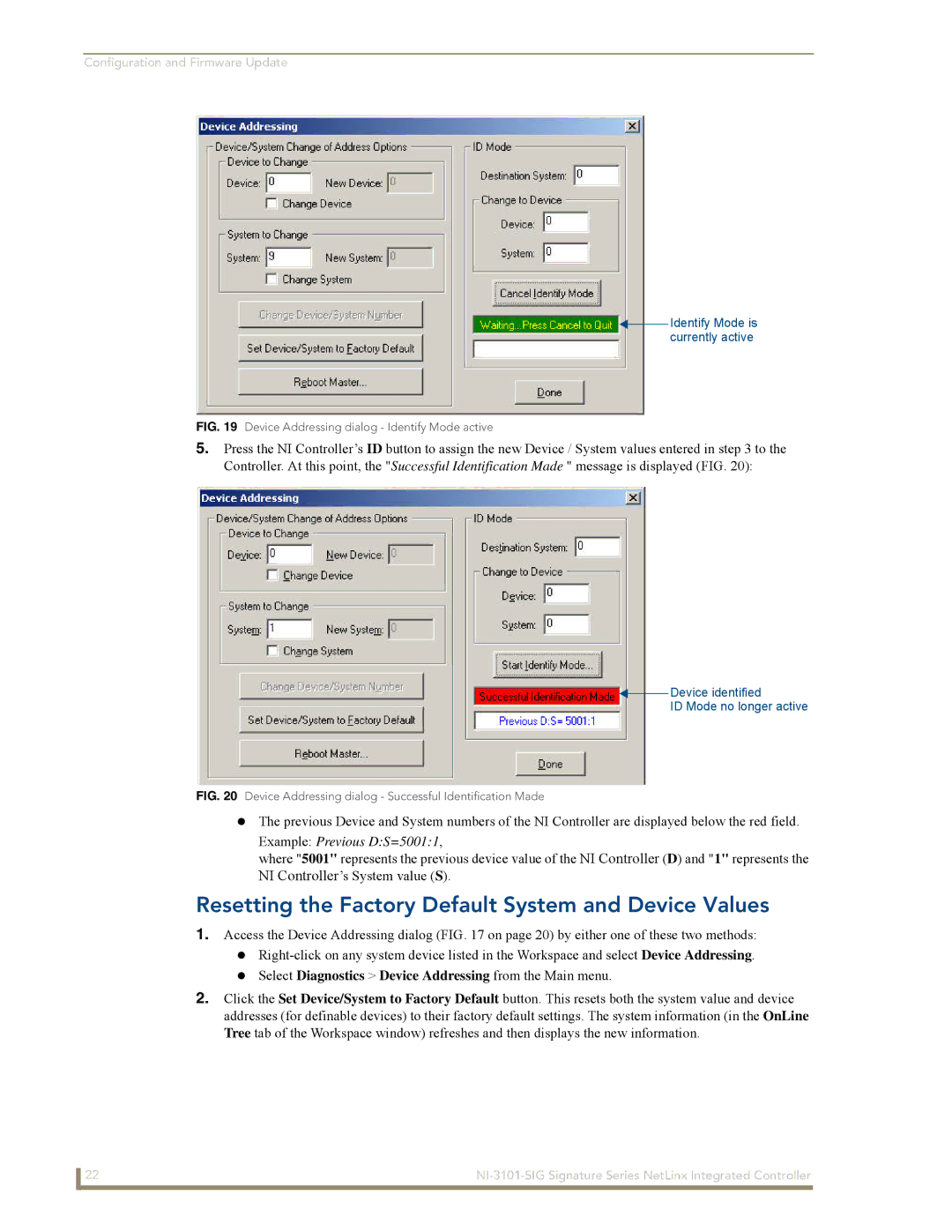 AMX NI-3101-SIG manual Resetting the Factory Default System and Device Values, Example Previous DS=50011 