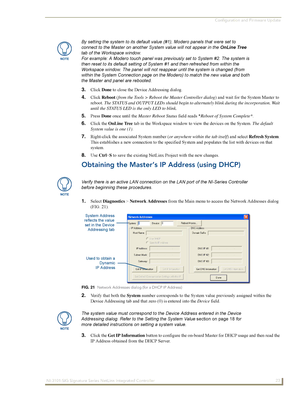 AMX NI-3101-SIG manual Obtaining the Master’s IP Address using Dhcp, Network Addresses dialog for a Dhcp IP Address 