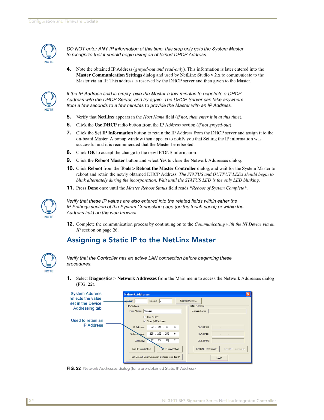 AMX NI-3101-SIG manual Assigning a Static IP to the NetLinx Master 