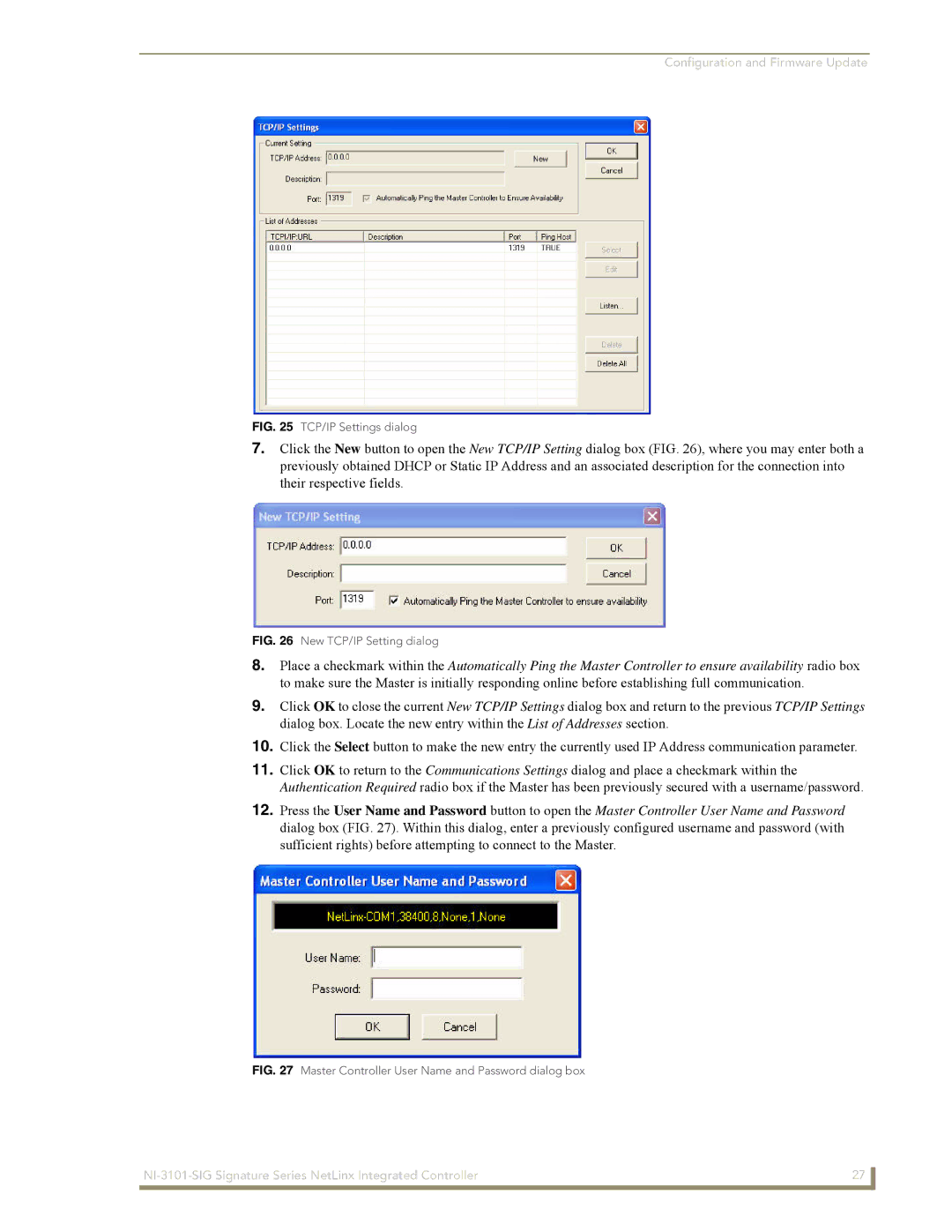 AMX NI-3101-SIG manual TCP/IP Settings dialog 