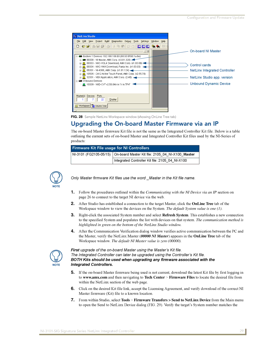 AMX NI-3101-SIG manual Upgrading the On-board Master Firmware via an IP, Firmware Kit File usage for NI Controllers 