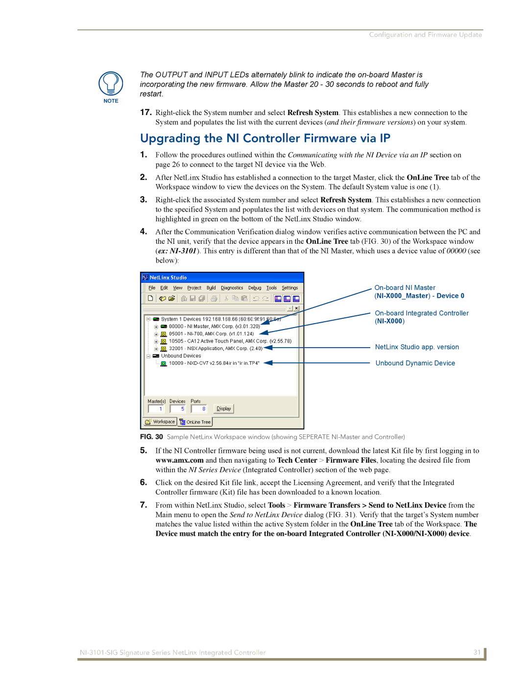 AMX NI-3101-SIG manual Upgrading the NI Controller Firmware via IP 