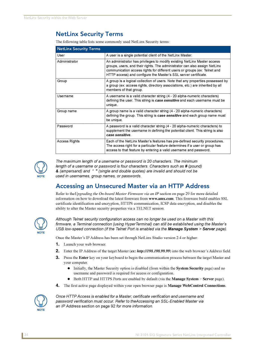 AMX NI-3101-SIG manual NetLinx Security Terms, Accessing an Unsecured Master via an Http Address, Members of that group 