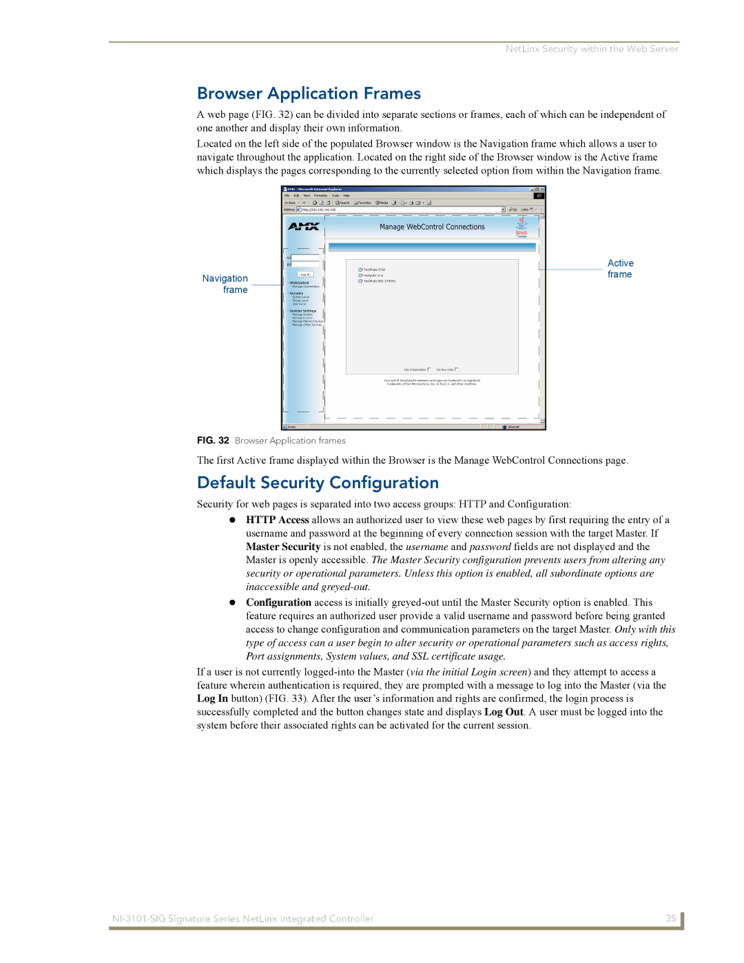 AMX NI-3101-SIG manual Browser Application Frames, Default Security Configuration 