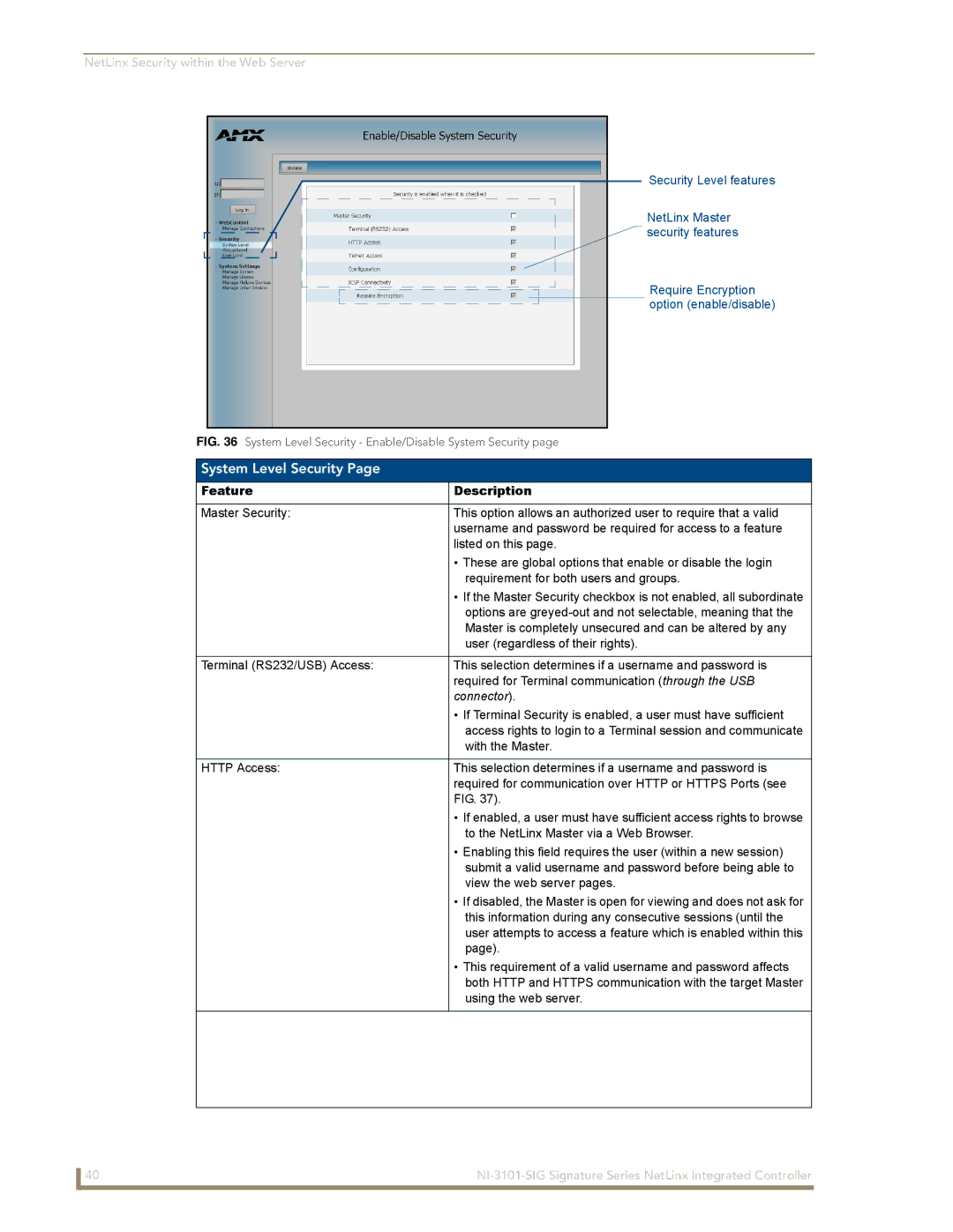 AMX NI-3101-SIG manual System Level Security, Connector 