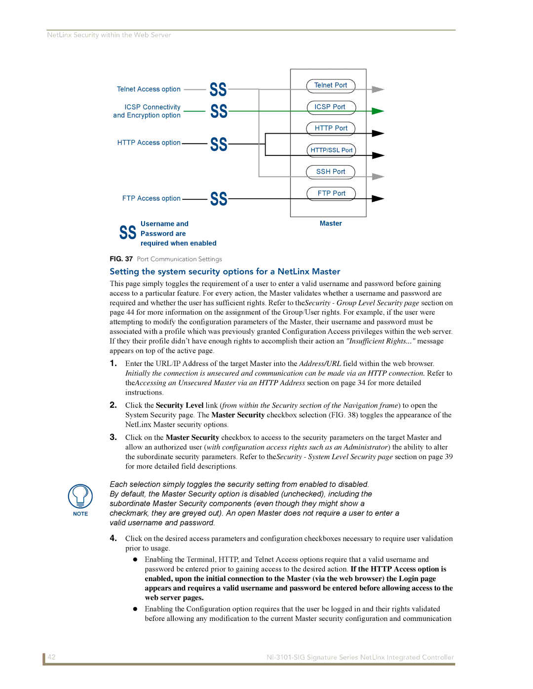 AMX NI-3101-SIG manual Setting the system security options for a NetLinx Master, Port Communication Settings 