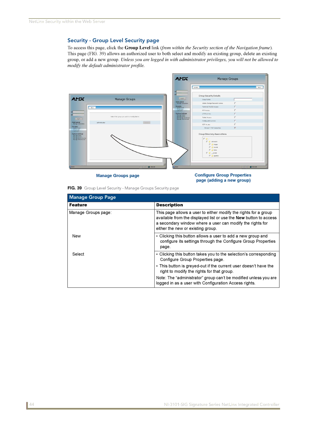 AMX NI-3101-SIG manual Security Group Level Security, Manage Group, Secondary window where a user can modify the rights for 