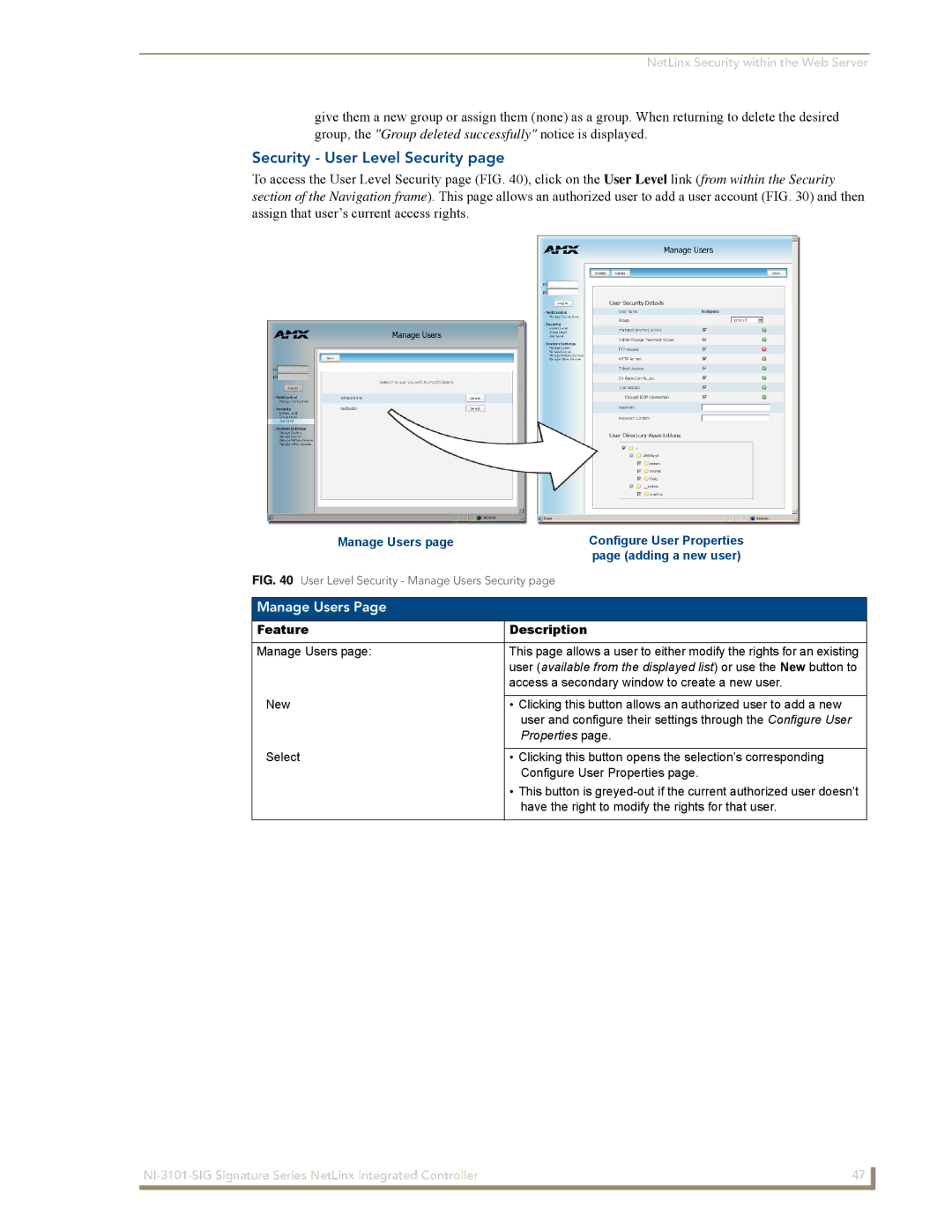 AMX NI-3101-SIG manual Security User Level Security, Manage Users, Properties 