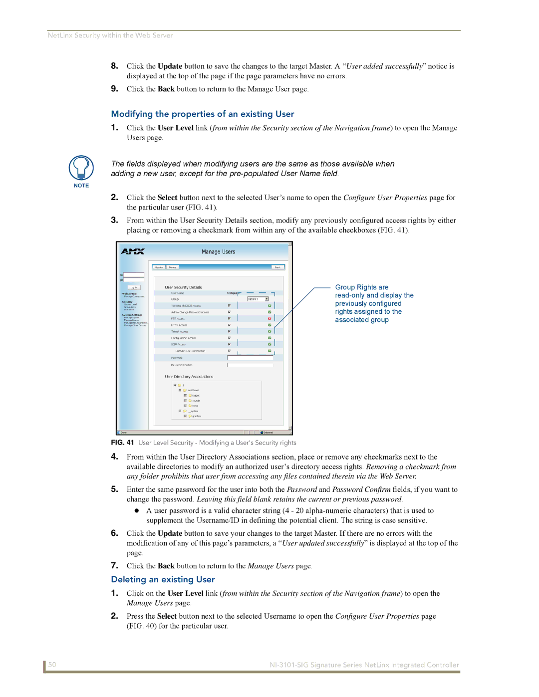 AMX NI-3101-SIG manual Modifying the properties of an existing User, Deleting an existing User 