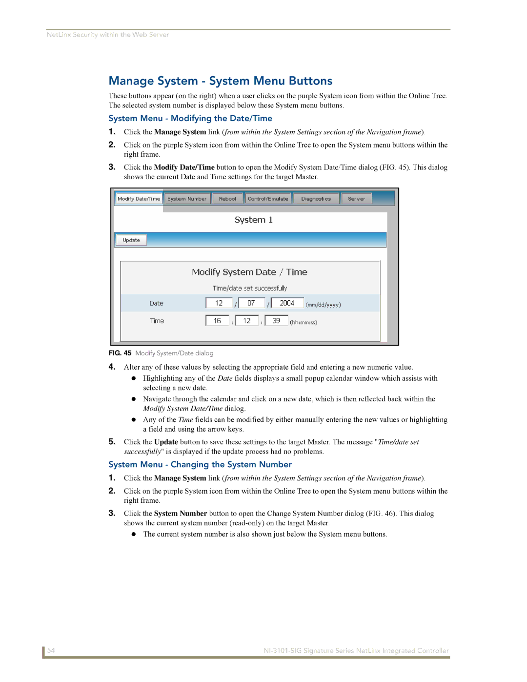 AMX NI-3101-SIG manual Manage System System Menu Buttons, System Menu Modifying the Date/Time 