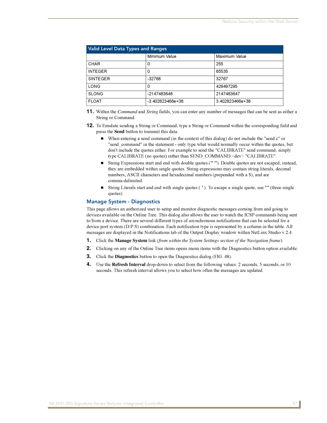 AMX NI-3101-SIG manual Manage System Diagnostics, Valid Level Data Types and Ranges 