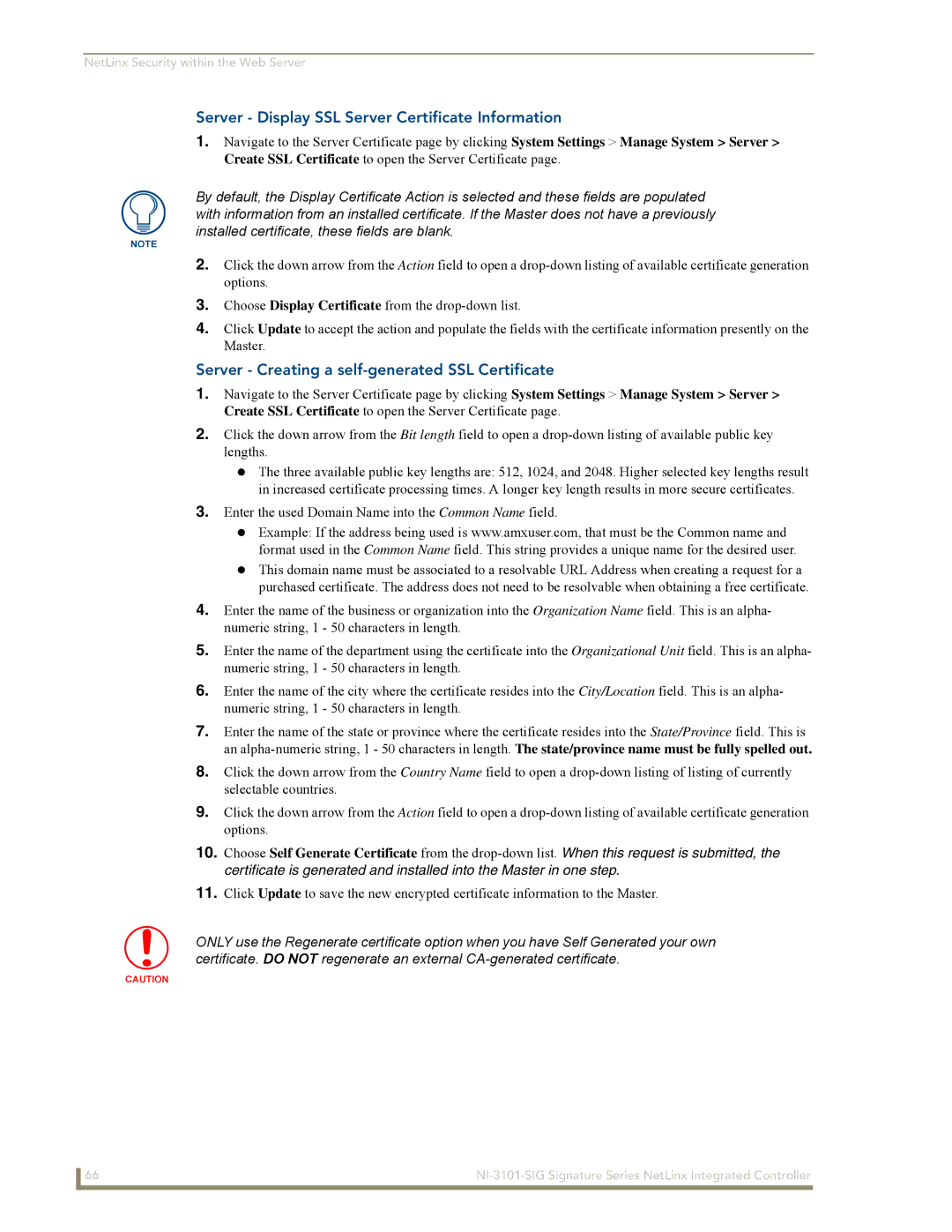 AMX NI-3101-SIG manual Server Display SSL Server Certificate Information, Server Creating a self-generated SSL Certificate 