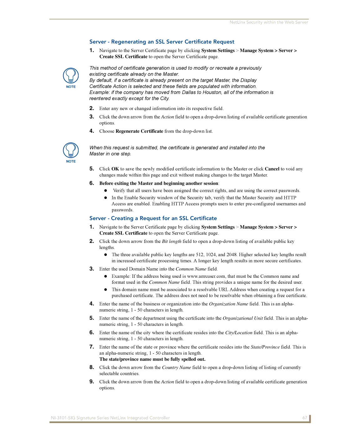 AMX NI-3101-SIG Server Regenerating an SSL Server Certificate Request, Server Creating a Request for an SSL Certificate 