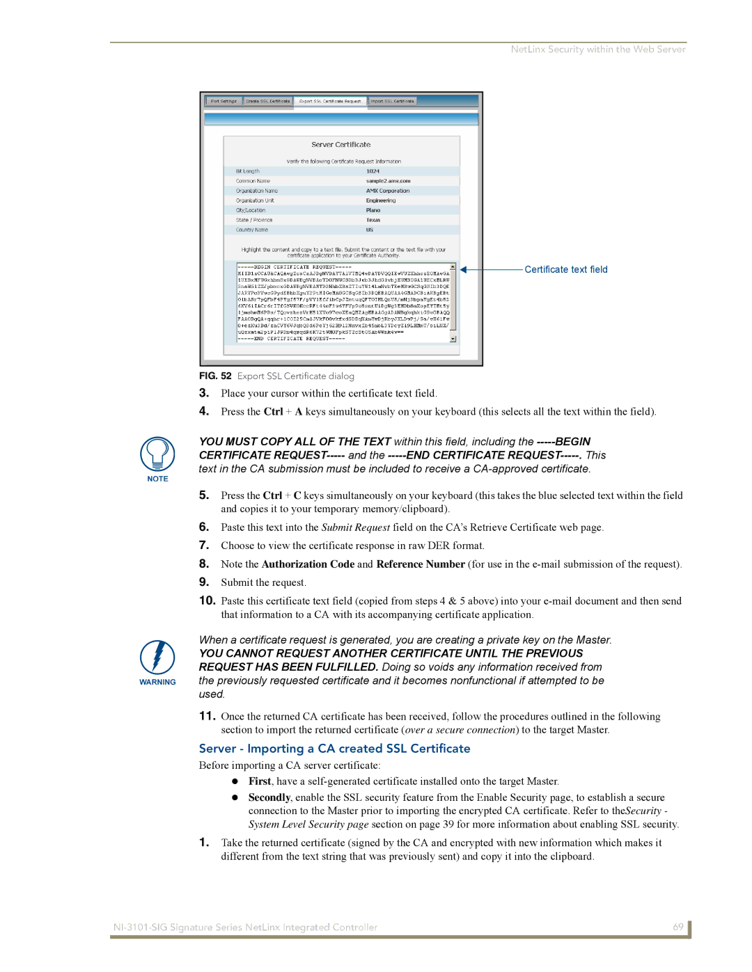 AMX NI-3101-SIG manual Server Importing a CA created SSL Certificate, Export SSL Certificate dialog 