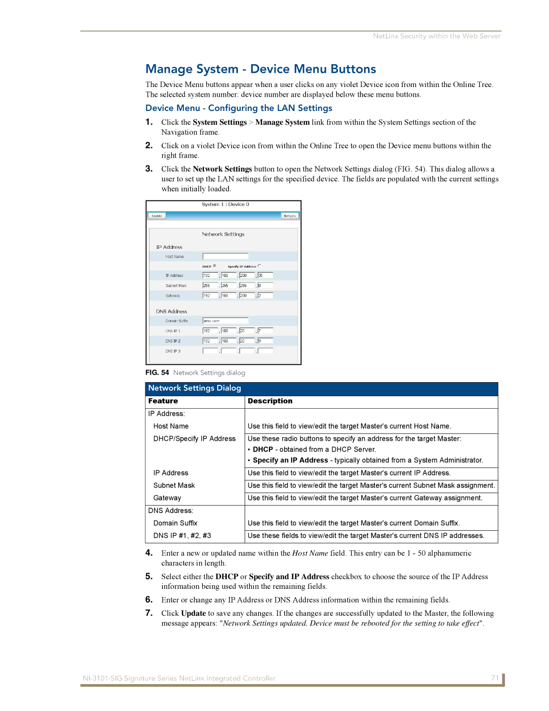 AMX NI-3101-SIG manual Manage System Device Menu Buttons, Device Menu Configuring the LAN Settings, Network Settings Dialog 