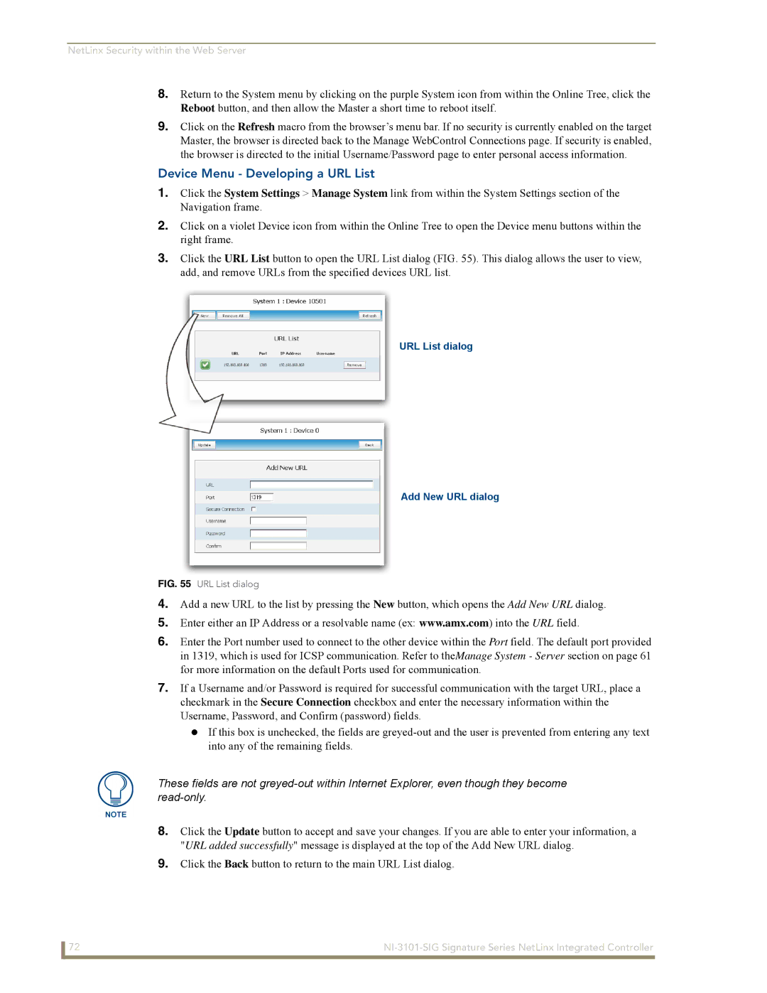AMX NI-3101-SIG manual Device Menu Developing a URL List, URL List dialog 