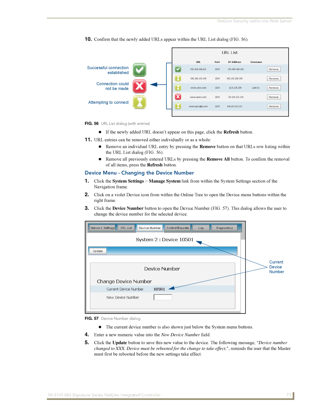 AMX NI-3101-SIG manual Device Menu Changing the Device Number, URL List dialog with entries 