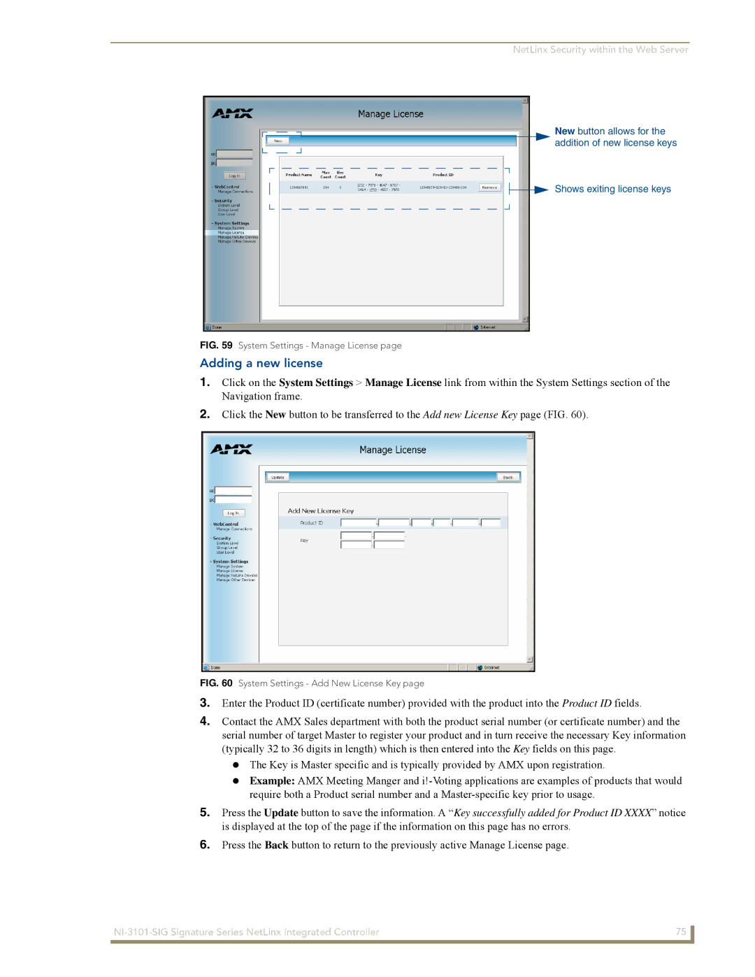 AMX NI-3101-SIG manual Adding a new license, System Settings Manage License 