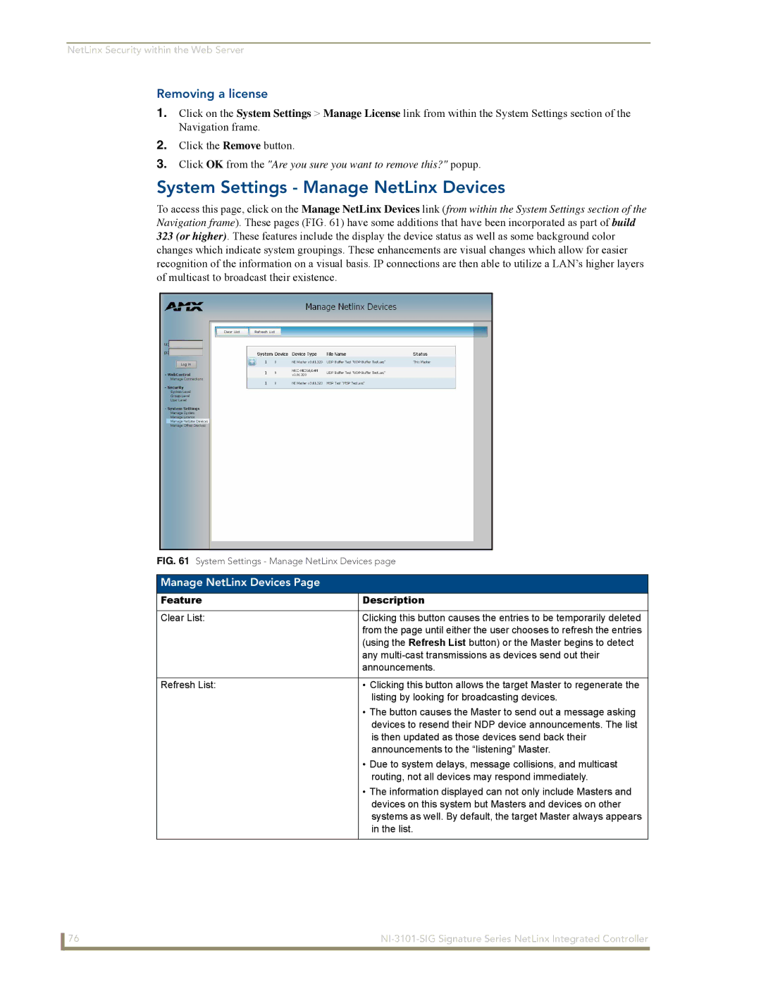 AMX NI-3101-SIG manual System Settings Manage NetLinx Devices, Removing a license 