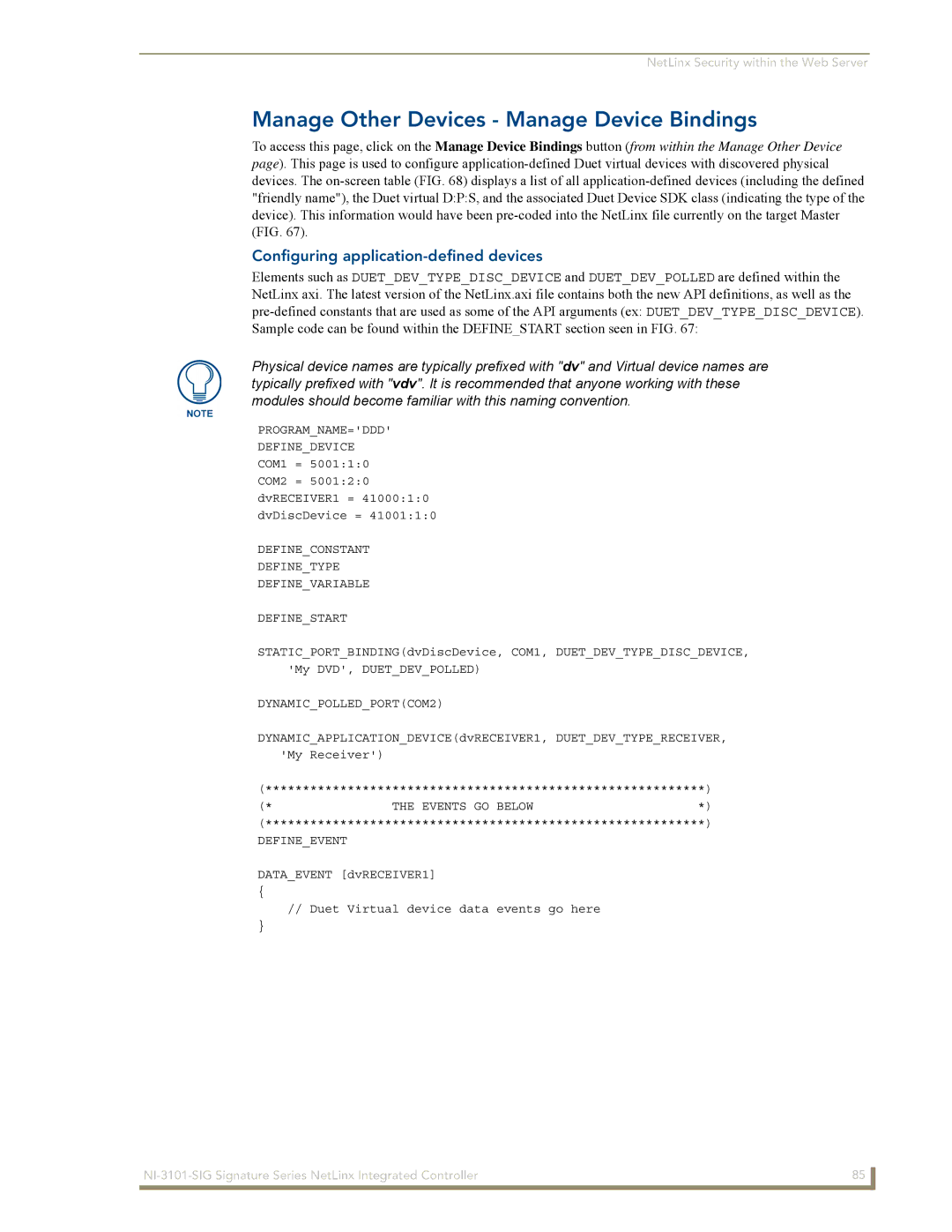 AMX NI-3101-SIG manual Manage Other Devices Manage Device Bindings, Configuring application-defined devices 