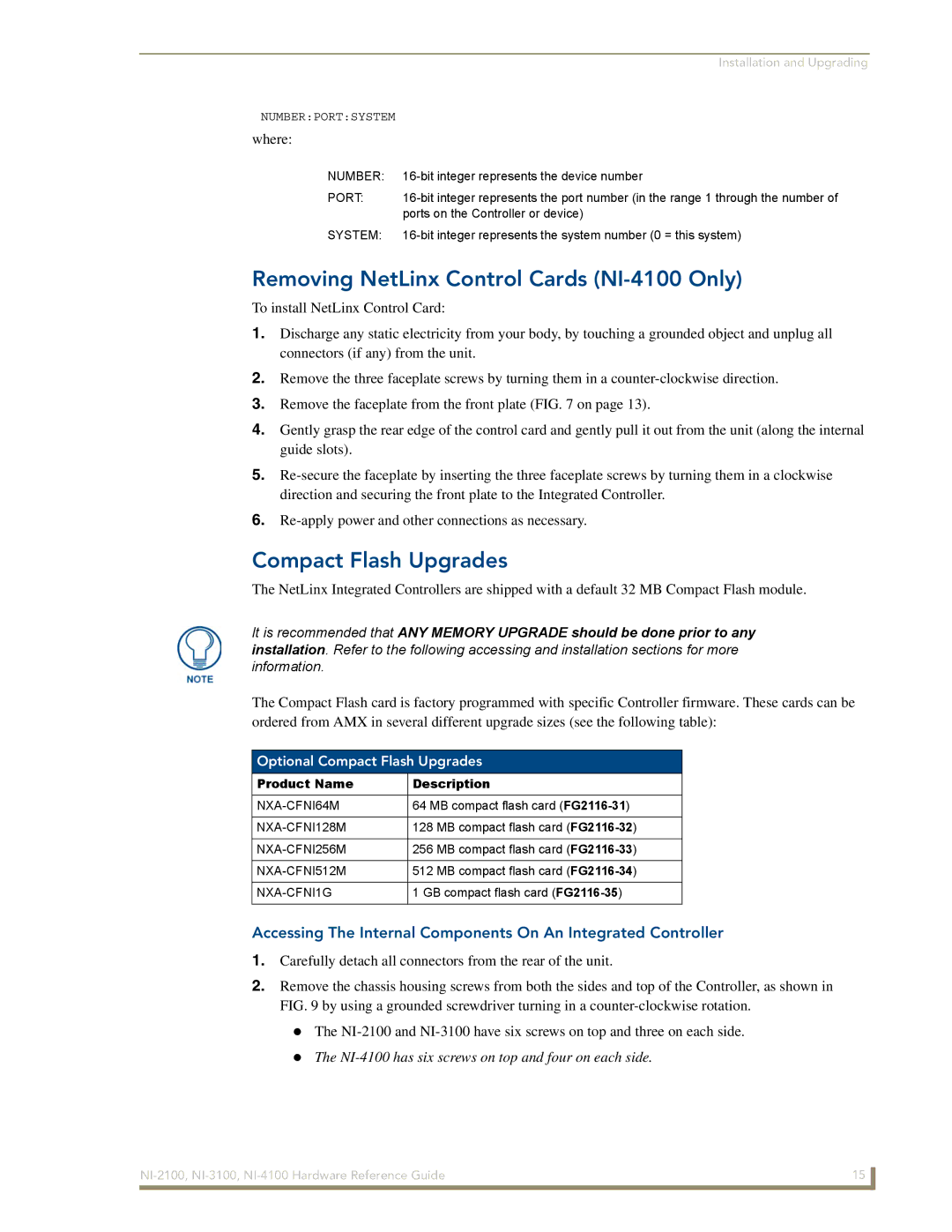 AMX NI-3100 Removing NetLinx Control Cards NI-4100 Only, Optional Compact Flash Upgrades, Product Name Description 