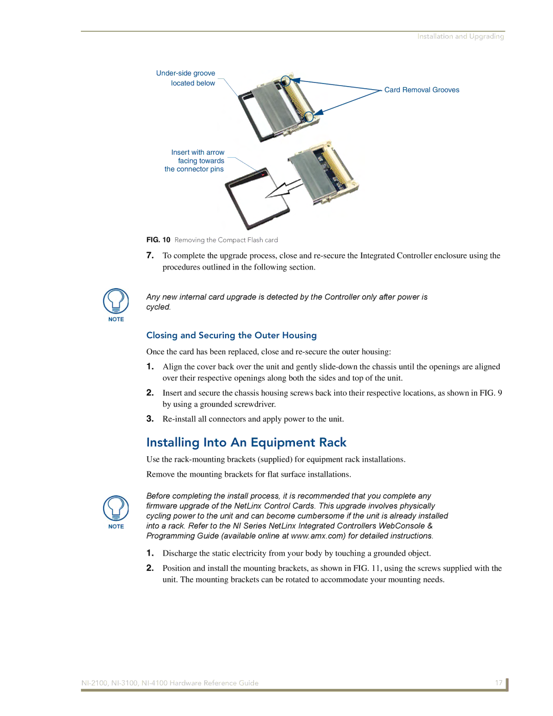 AMX NI-4100, NI-3100, NI-2100 manual Installing Into An Equipment Rack, Closing and Securing the Outer Housing 