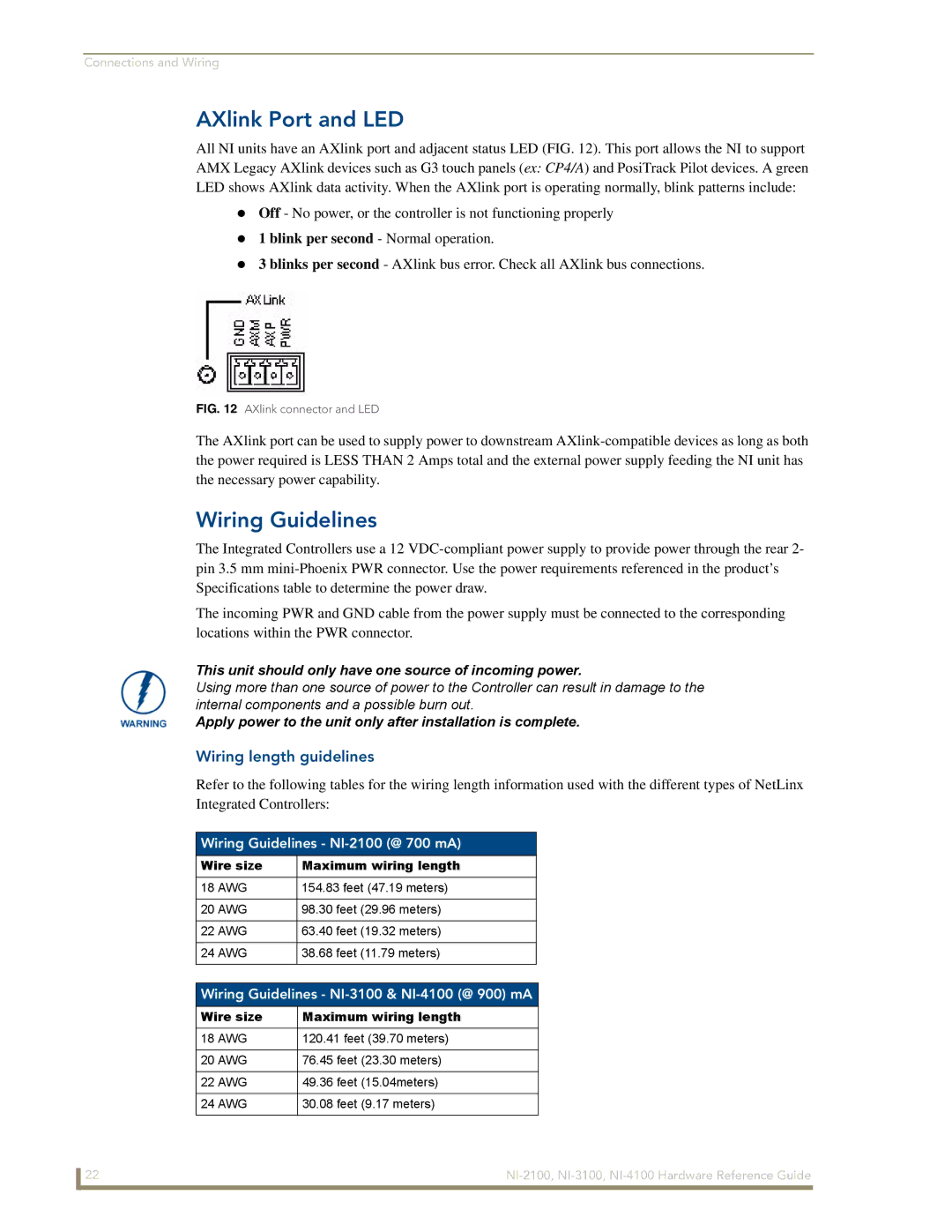 AMX NI-4100, NI-3100 manual AXlink Port and LED, Wiring length guidelines, Wiring Guidelines NI-2100 @ 700 mA 