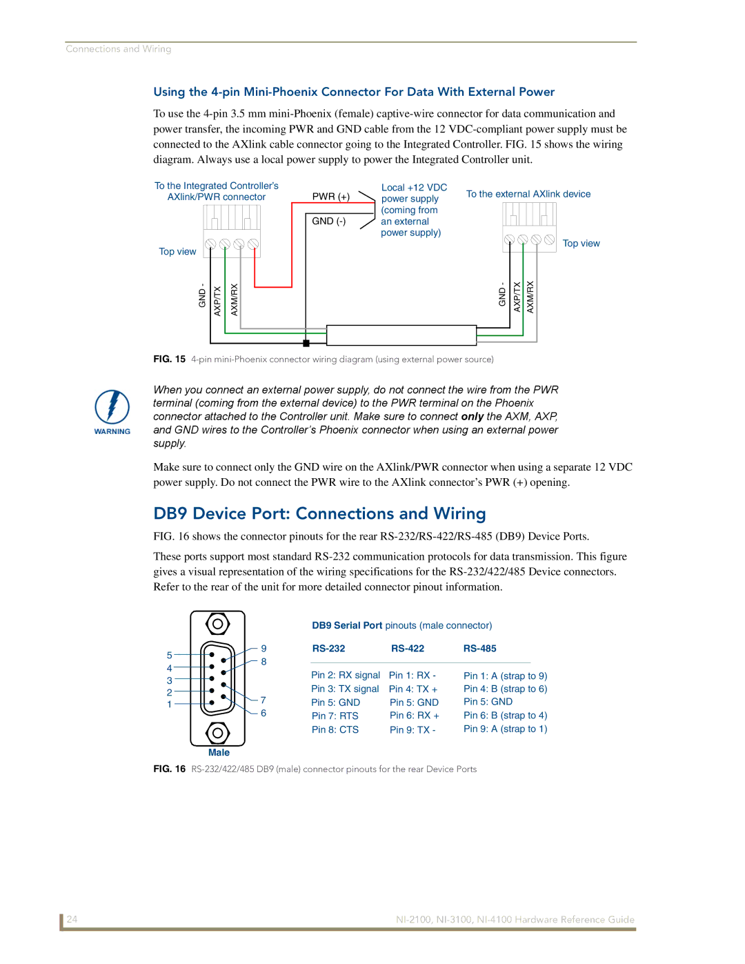 AMX NI-3100, NI-4100, NI-2100 manual DB9 Device Port Connections and Wiring, RS-232 RS-422 RS-485 