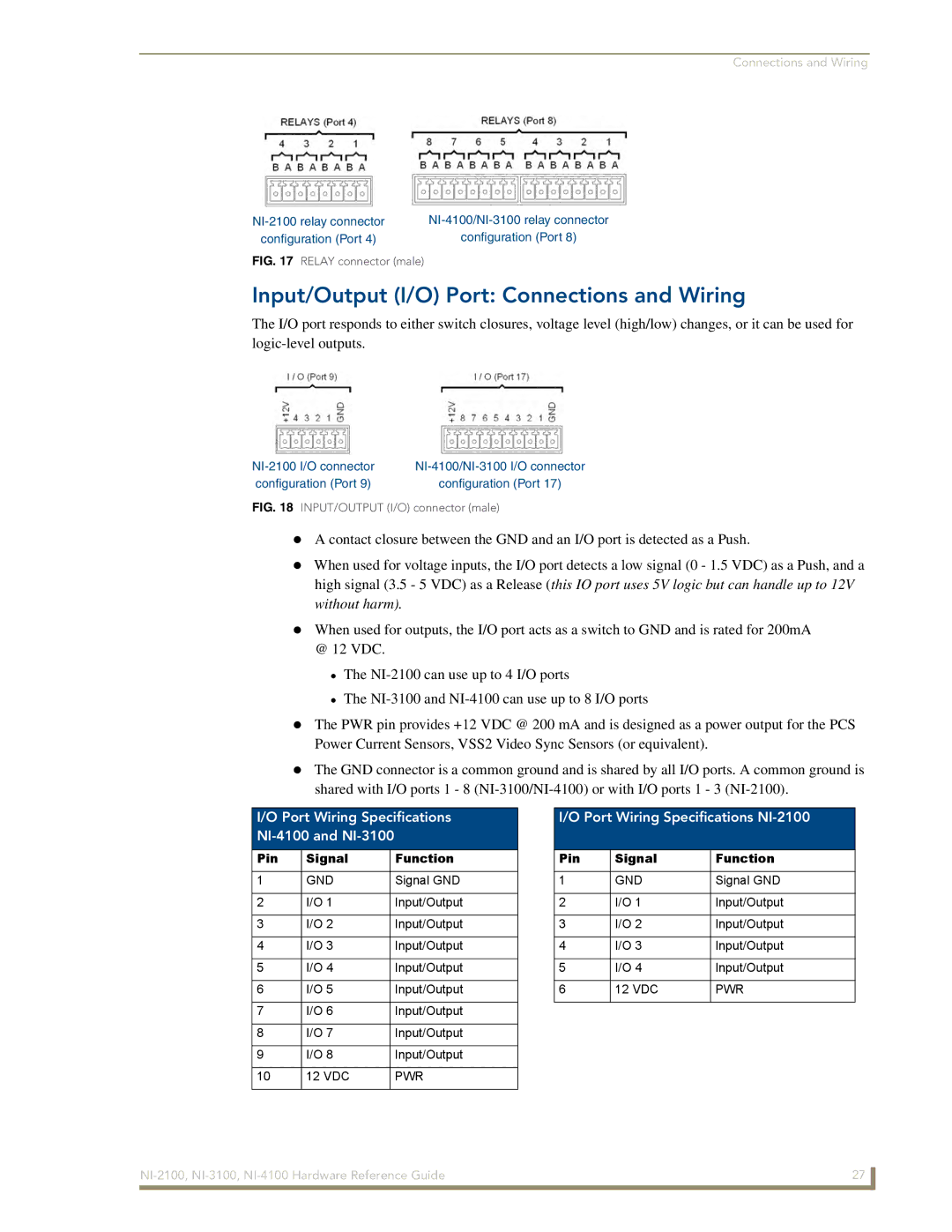 AMX NI-2100 manual Input/Output I/O Port Connections and Wiring, Port Wiring Specifications NI-4100 and NI-3100 