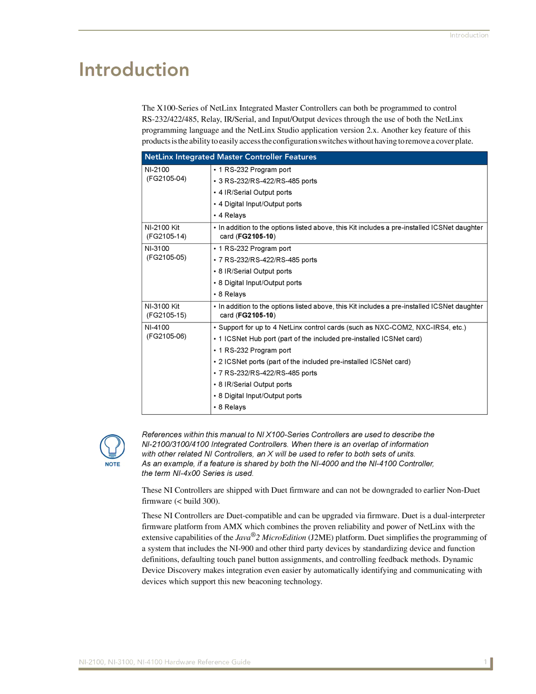 AMX NI-2100, NI-4100, NI-3100 manual NetLinx Integrated Master Controller Features, Card FG2105-10 