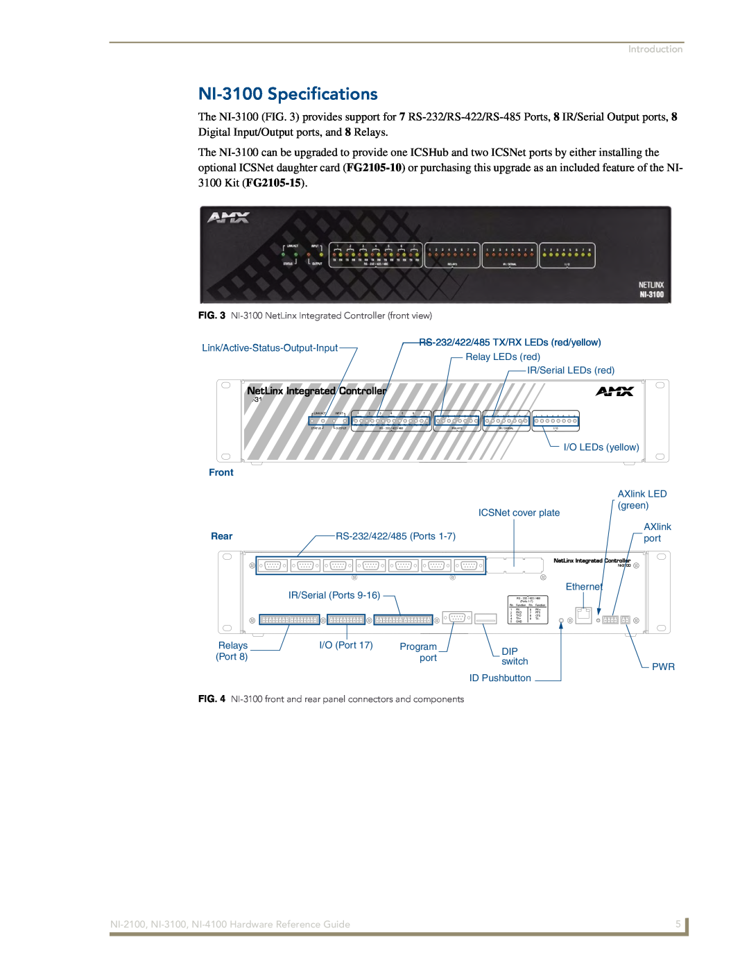 AMX NI-4100, NI-2100 manual NI-3100 Specifications, NI-3100 NetLinx Integrated Controller front view 