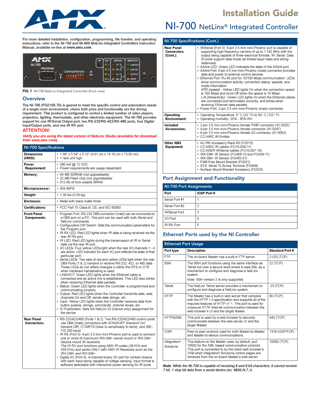 AMX NI-700 specifications Overview, Port Assignment and Functionality, Ethernet Ports used by the NI Controller 