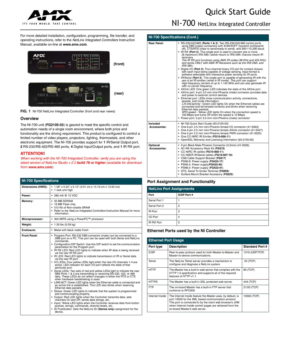 AMX NI-700 quick start Overview, Port Assignment and Functionality, Ethernet Ports used by the NI Controller, Front Rear 