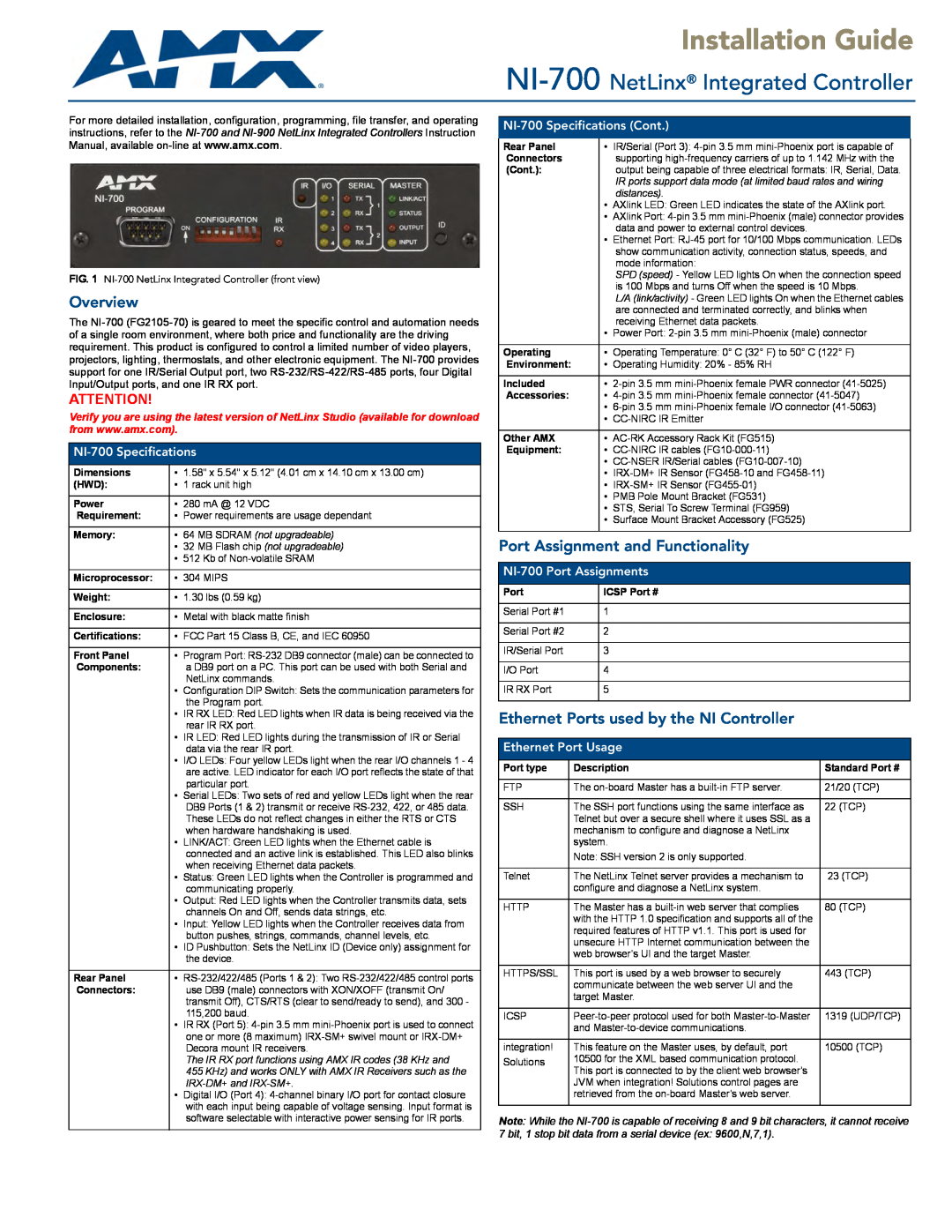 AMX NI-700 quick start Overview, Port Assignment and Functionality, Ethernet Ports used by the NI Controller, front rear 