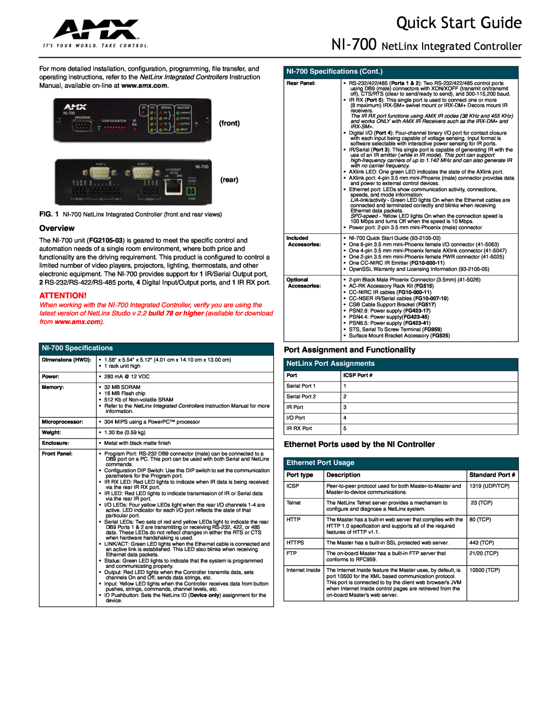 AMX NI-700 specifications Overview, Port Assignment and Functionality, Ethernet Ports used by the NI Controller 
