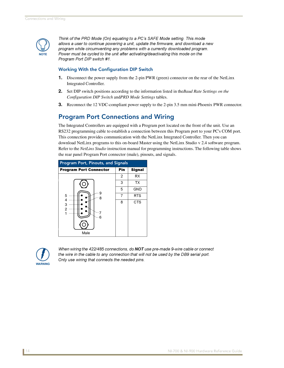 AMX NI-700/900 manual Program Port Connections and Wiring, Working With the Configuration DIP Switch 