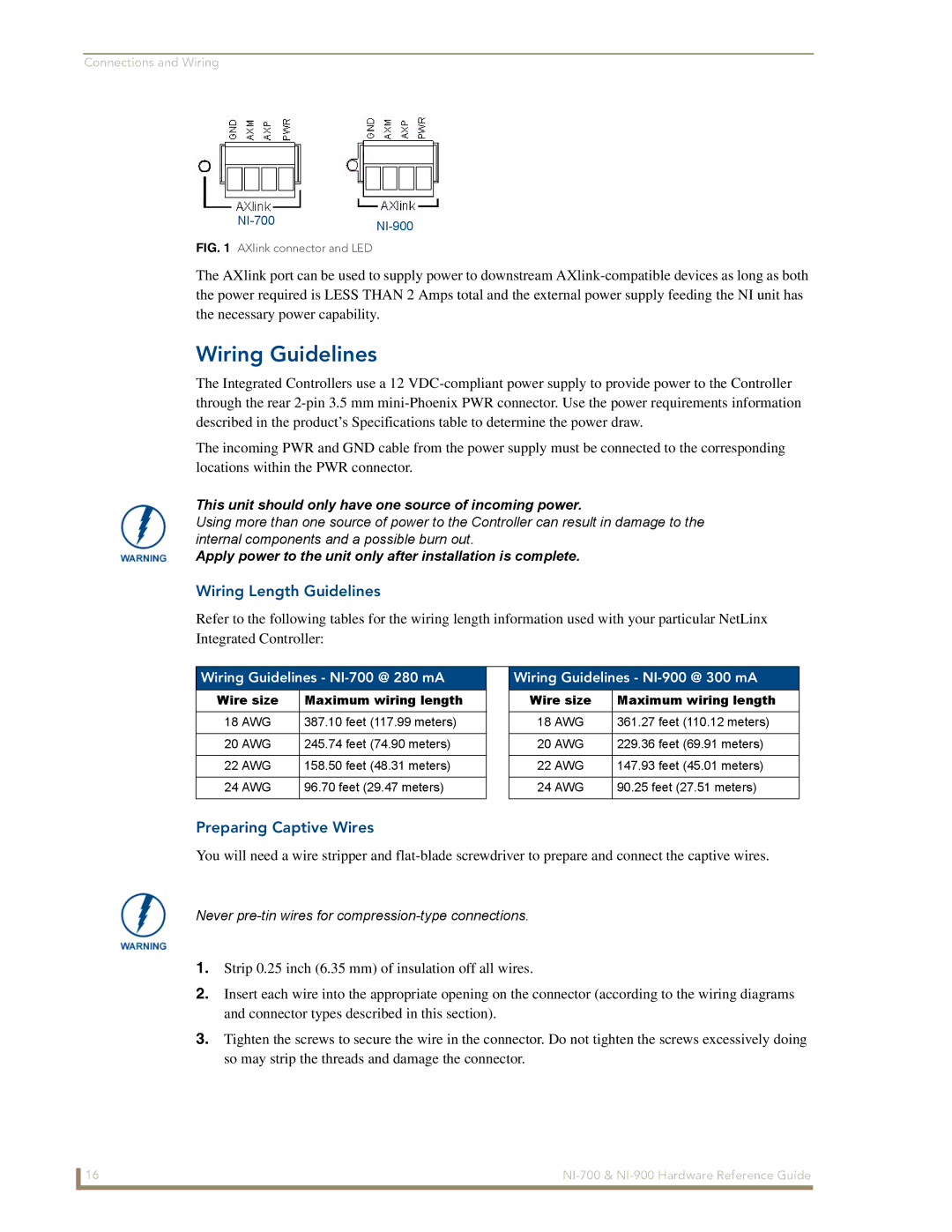 AMX NI-700/900 manual Wiring Length Guidelines, Preparing Captive Wires, Wiring Guidelines NI-700 @ 280 mA 