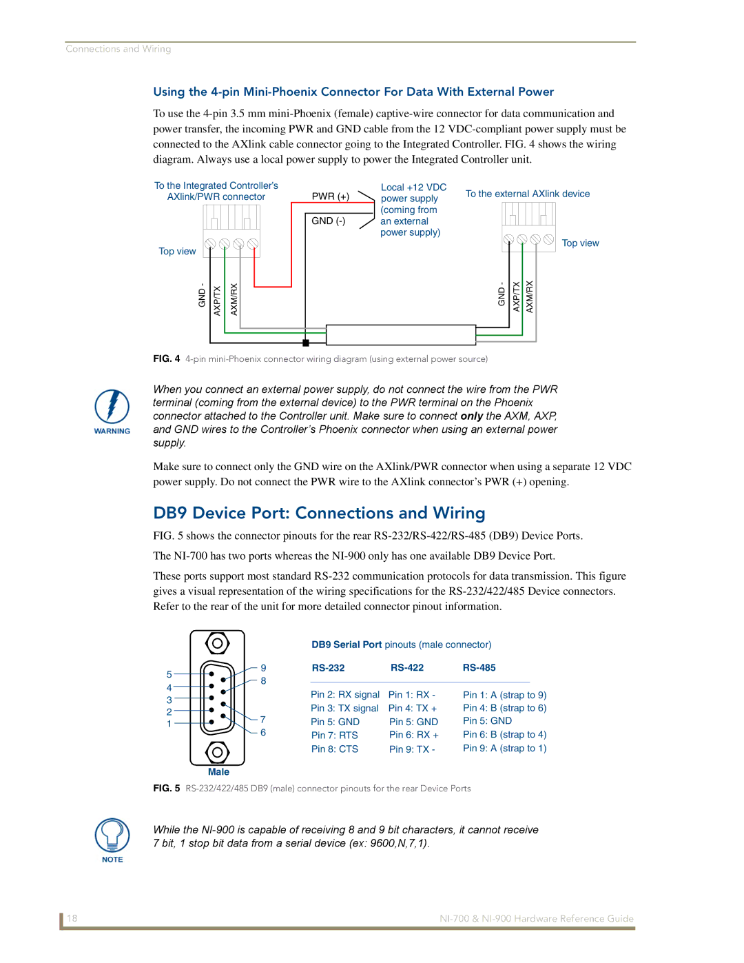 AMX NI-700/900 manual DB9 Device Port Connections and Wiring, RS-232 RS-422 RS-485 