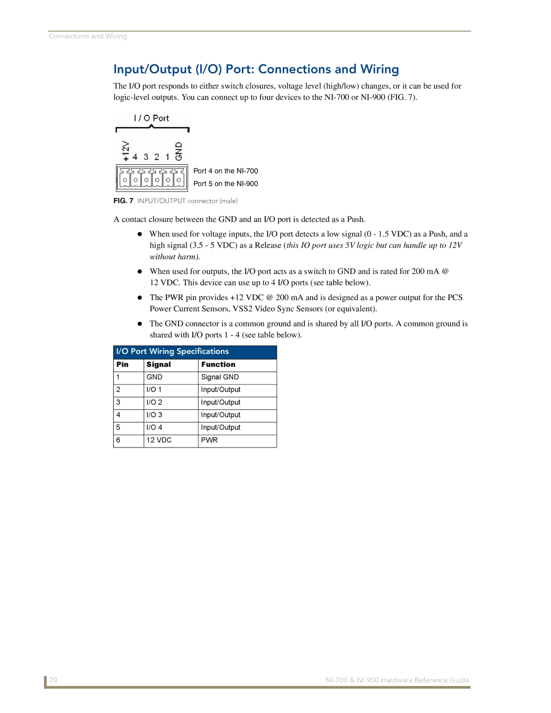 AMX NI-700/900 manual Input/Output I/O Port Connections and Wiring, Port Wiring Specifications, Pin Signal Function 